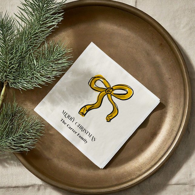 Guardanapo De Papel Arco de Natal Dourado Amarelo Cor da Água (Yellow Gold Watercolor Christmas Bow Sketch Illustration Holiday Party Paper Napkins)
