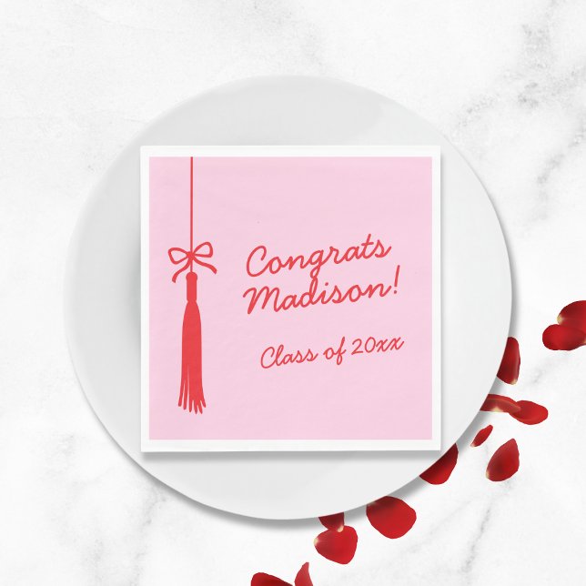 Guardanapo De Papel Arco Elegante Formando Tassel Vermelho Rosa 2025 G (Elegant Bow Grad Tassel Pink Red 2025 Graduation Napkins)