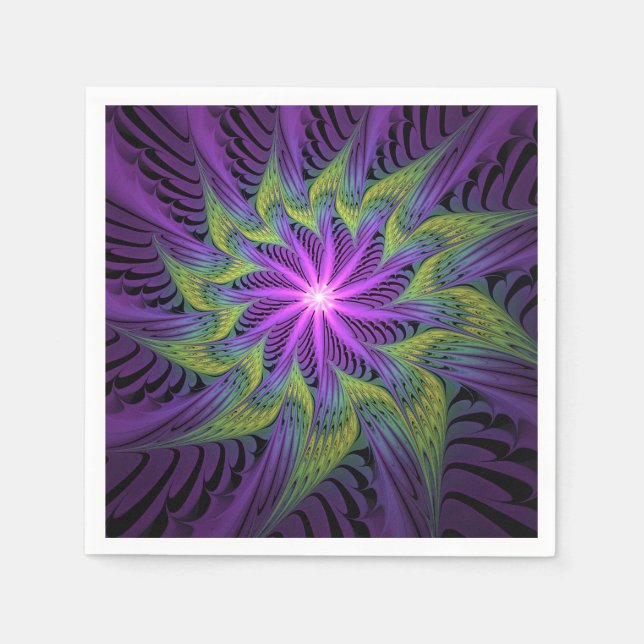 Guardanapo De Papel Arte abstrata fractal moderna flor verde roxa (Frente)
