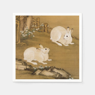 Guardanapo De Papel Arte Chinesa Vintage Pintura de Dois Coelhos Branc