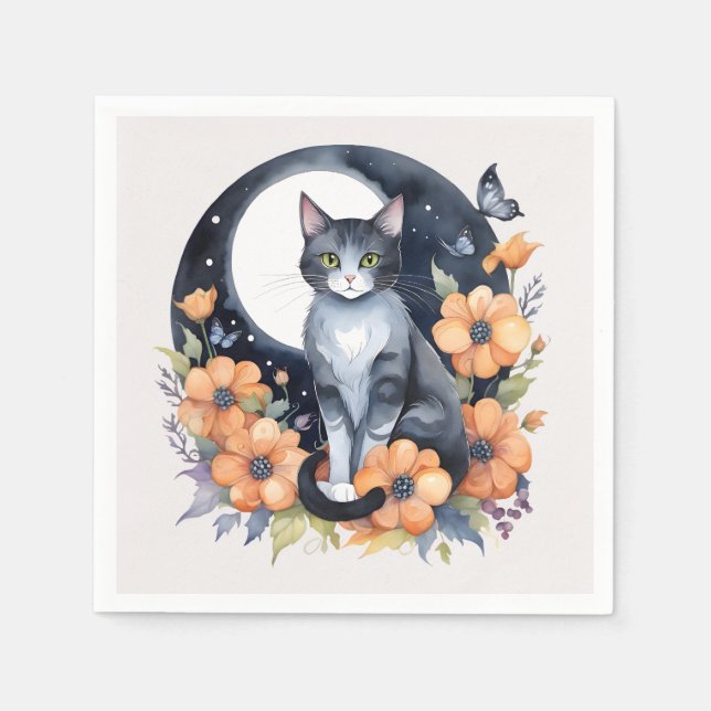 Guardanapo De Papel Arte da Lua Floral de Gato Negro Elegante - Inspir (Frente)
