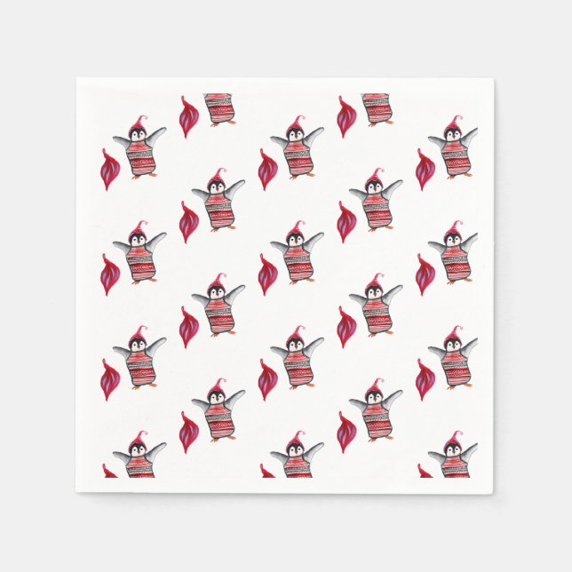 Guardanapo De Papel Arte de Aquarela de Pinguim para Natal (Frente)