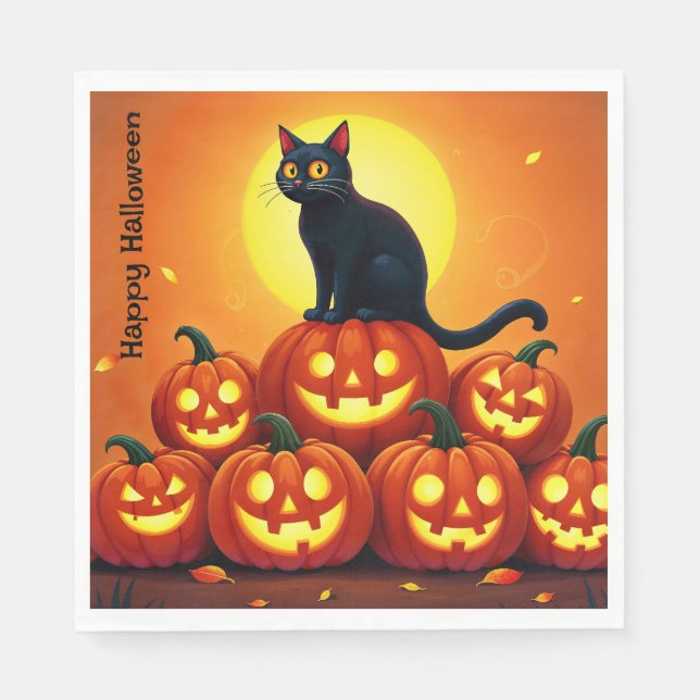 Guardanapo De Papel Arte de Halloween de Natal com lua de gato e cheio (Frente)