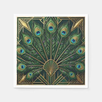 Guardanapo De Papel Arte Deco de penas de pavão esmeralda verde dourad