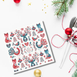 Guardanapo De Papel Arte Folclórica Escandinava de Natal Vermelho e Az
