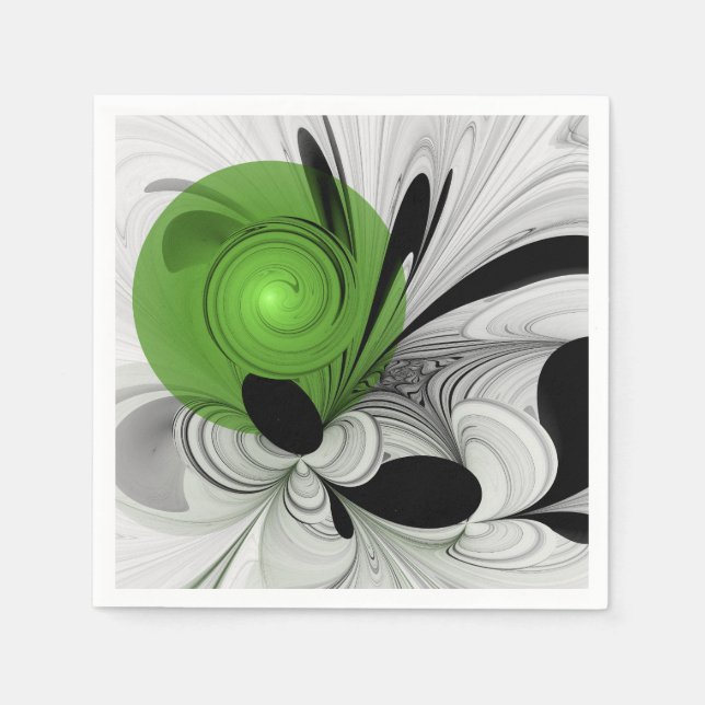 Guardanapo De Papel Arte fractal abstrata em preto e branco com verde (Frente)