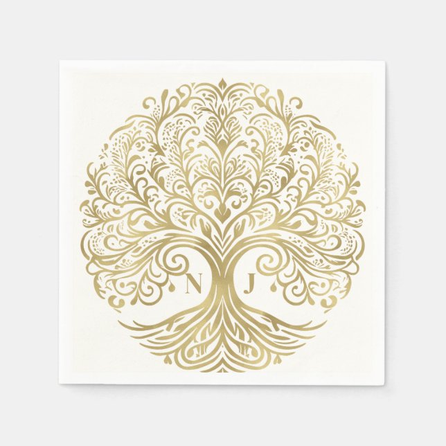 Guardanapo De Papel Árvore da Vida Creme e Dourado Casamento Celta (Frente)