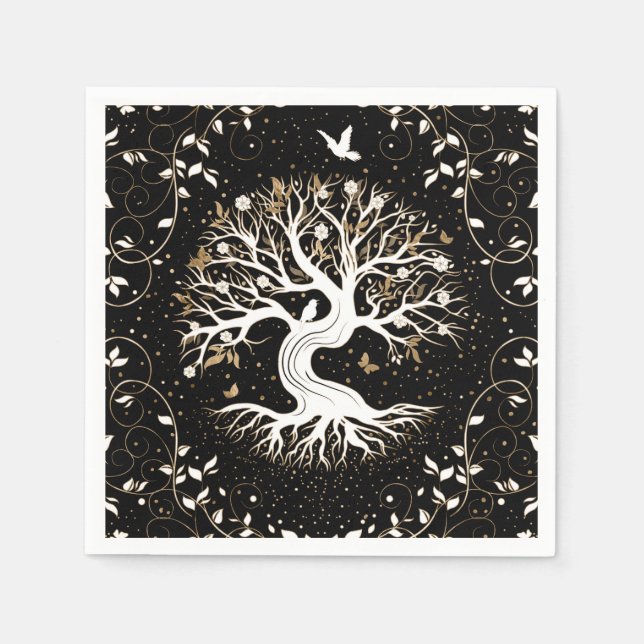 Guardanapo De Papel Árvore da Vida - Yggdrasil - branco preto e ouro (Frente)