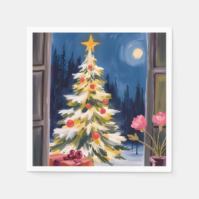 Guardanapo De Papel Árvore de Natal Alegre Aquarela Feriado (Frente)