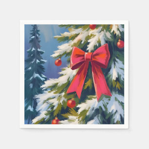 Guardanapo De Papel Árvore de Natal Alegre Laço Vermelho Pintura Aquar