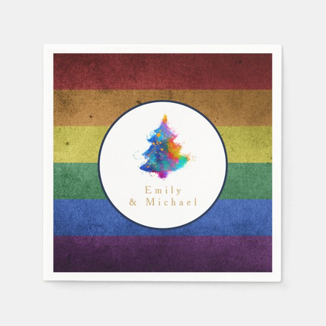 Guardanapo De Papel Árvore de Natal com Bandeira LGBT Arco-íris Festa  (Frente)