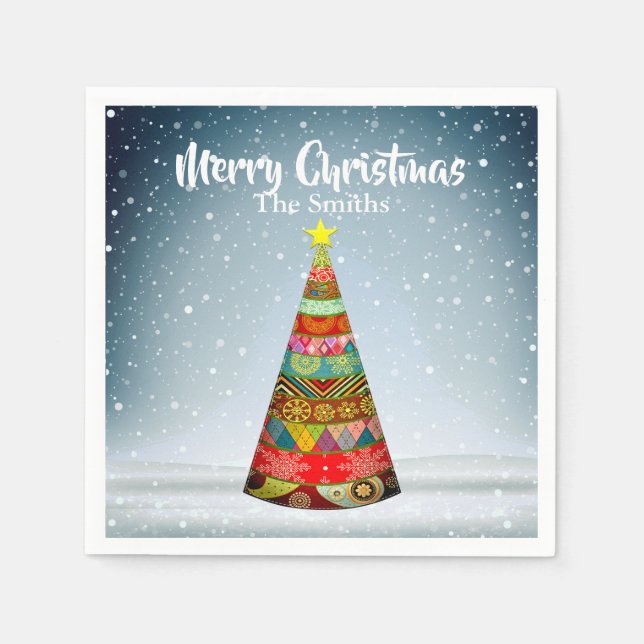 Guardanapo De Papel Árvore de Natal de retalhos sob queda de neve (Frente)