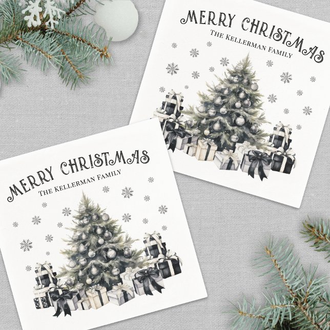 Guardanapo De Papel Árvore de Natal Elegante Branca Negra (Black White Elegant Christmas Tree Napkins)