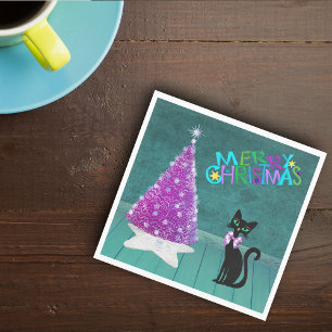 Guardanapo De Papel Árvore de Natal Gata Meados do Século Prata Rosa T