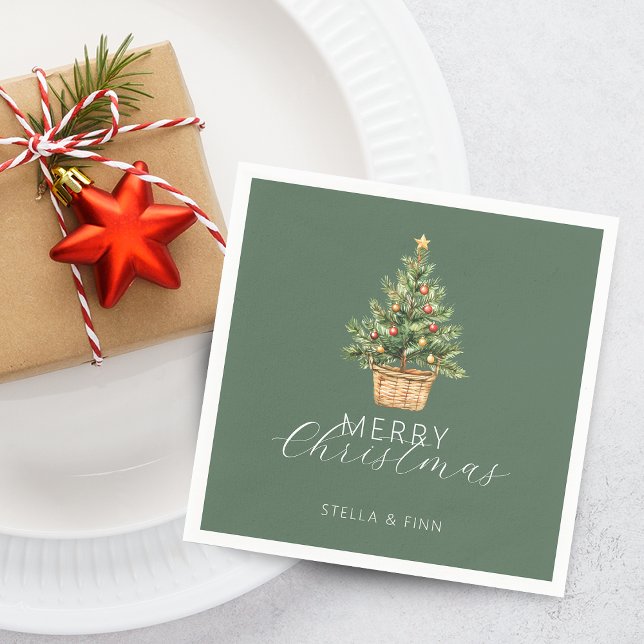 Guardanapo De Papel Árvore de Natal Rústica em Cesta Verde Empoeirado (Rustic Christmas Tree In Basket Dusty Green Napkins)
