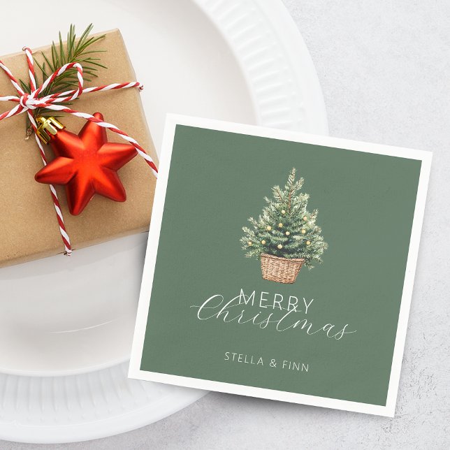 Guardanapo De Papel Árvore de Natal Rústica em Cesto Verde Empoeirado (Rustic Christmas Tree In Basket Dusty Green Napkins)