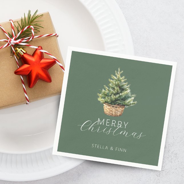 Guardanapo De Papel Árvore de Natal Rústica em Cesto Verde Empoeirado (Rustic Christmas Tree In Basket Dusty Green Napkins)