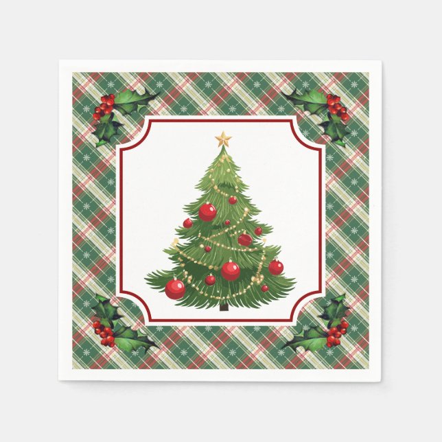 Guardanapo De Papel Árvore de Natal Xadrez com Azevinho (Frente)