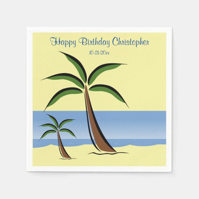 Guardanapo De Papel Árvore Tropical Palm Happy Birthday Beach Ocean Na (Frente)