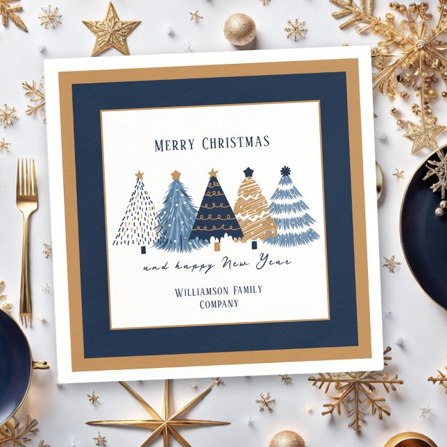 Guardanapo De Papel Árvores Azuis do marinho Nome do Texto Natal Moder (Navy Blue Trees Text Name Modern Christmas Holiday Napkins)