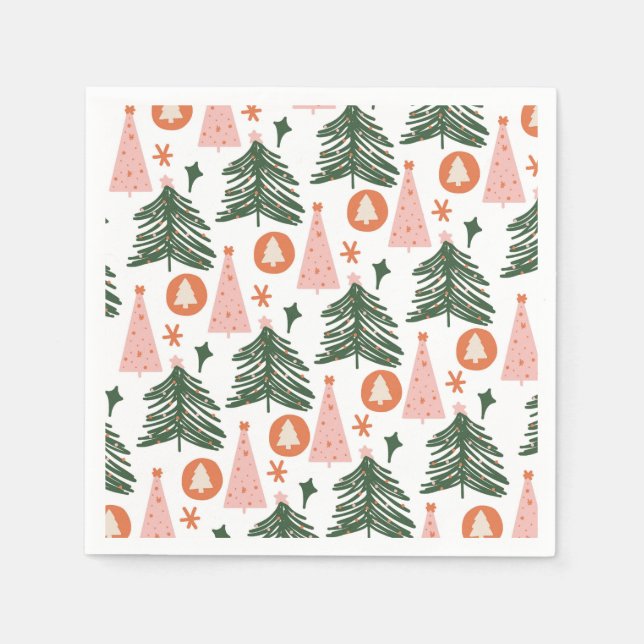 Guardanapo De Papel Árvores de Natal Boho Verde Rosa Laranja (Frente)