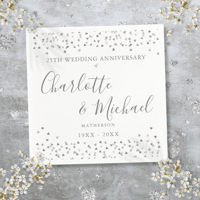 Guardanapo De Papel Assinatura de Corações de Prata com Confetes do 25 (25th Anniversary Signature Silver Hearts Confetti Napkins)