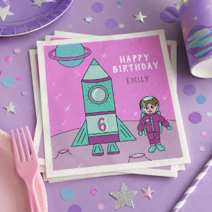 Guardanapo De Papel Astronauta Girl and Rocket Moon Space Aniversário