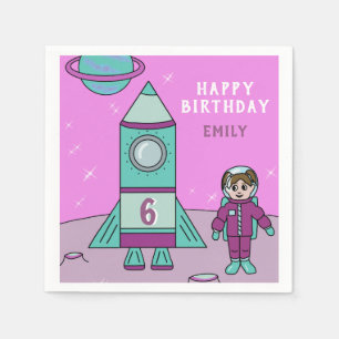 Guardanapo De Papel Astronauta Girl and Rocket Moon Space Aniversário