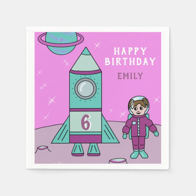 Guardanapo De Papel Astronauta Rapariga e Rocket Moon Space Aniversári (Frente)