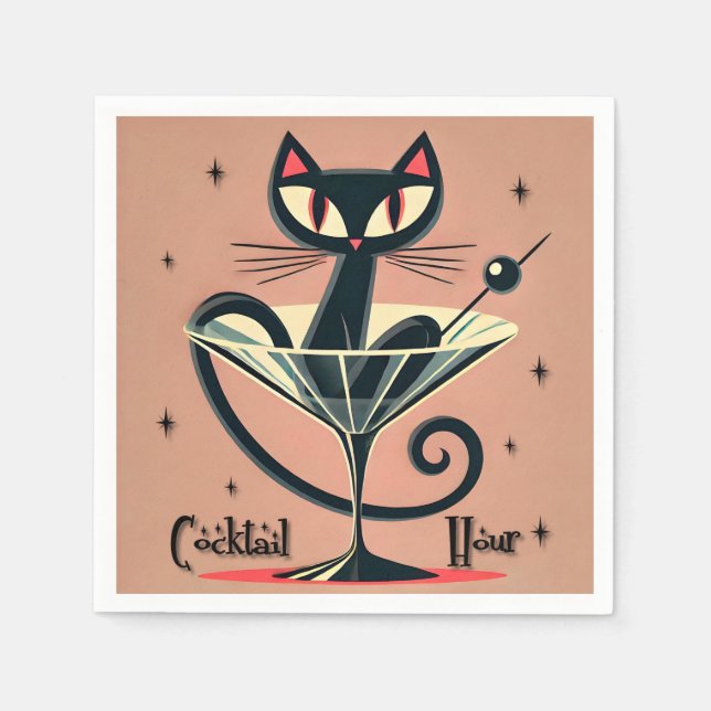 Guardanapo De Papel Atomic Futuristic Space Age Black Cat Martini (Frente)