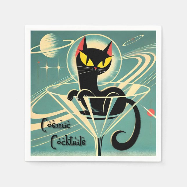 Guardanapo De Papel Atomic Futuristic Space Age Black Cat Martini (Frente)