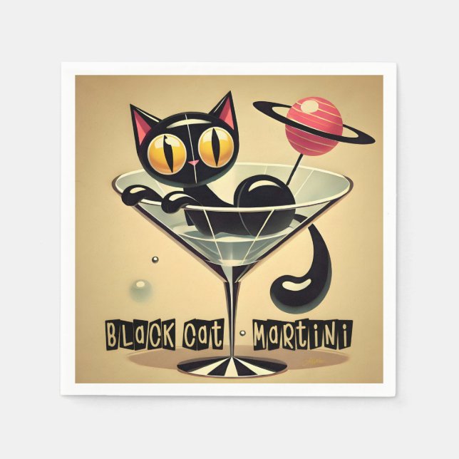 Guardanapo De Papel Atomic Futuristic Space Age Black Cat Martini (Frente)