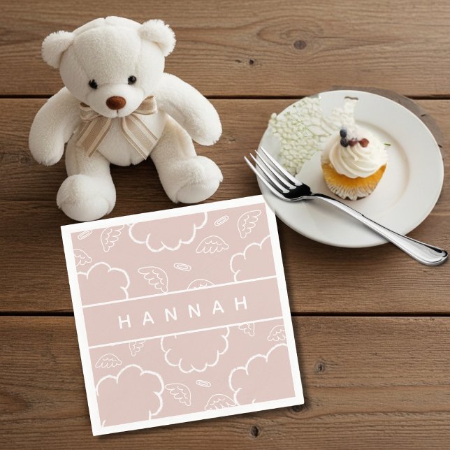 Guardanapo De Papel Aureola Angelical Personalizada Nuvem Rosa   (Heavenly Personalized Angel Halo Cloud Pink)
