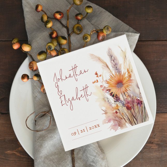 Guardanapo De Papel Autumn Boho Floral Wedding | Branco (Autumn Boho Floral White Wedding Napkins)