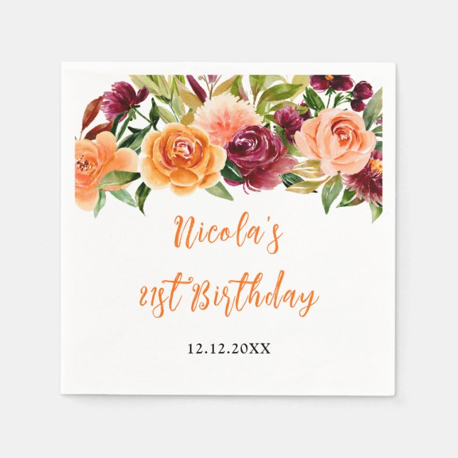 Guardanapo De Papel Autumn Burgundy and Orange Floral Birthday (Frente)