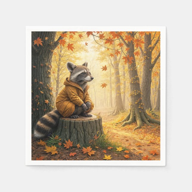 Guardanapo De Papel Autumn Raccoon Sentado em um toco de árvores (Frente)