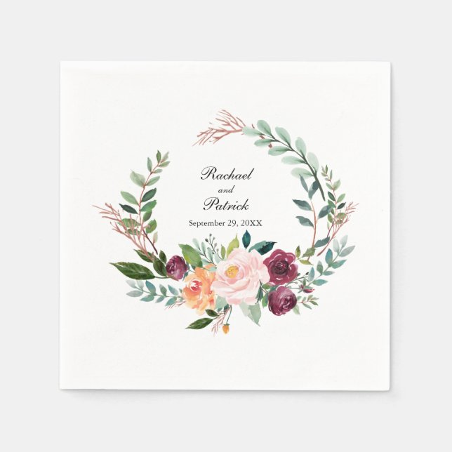 Guardanapo De Papel Autumn Watercolor Floral Wreath Wedding (Frente)