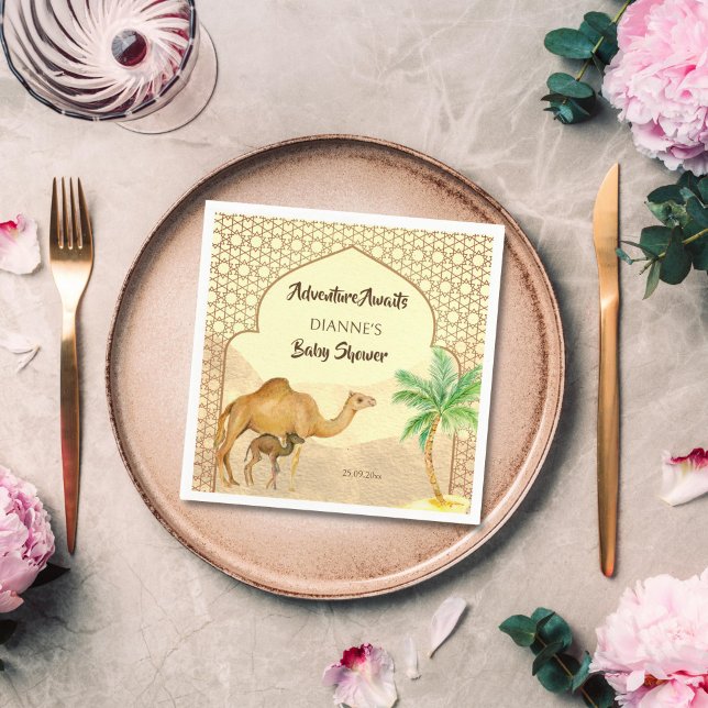 Guardanapo De Papel Aventura aguarda chá de fraldas de camelo bebê des (Adventure awaits Arabian desert expats cute baby camel baby shower monogram  printed napkins)