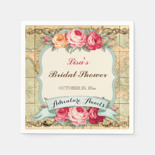 Guardanapo De Papel Aventura aguarda Rosas do Mapa Mundial da Vintage