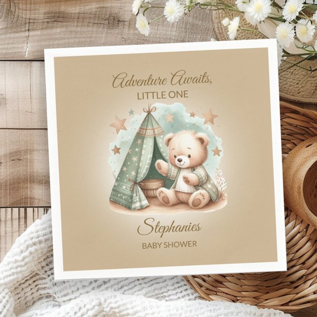 Guardanapo De Papel Aventura Aguarda Urso Neutro do Gênero (Teddy bear "Adventure Awaits" baby shower paper napkins)
