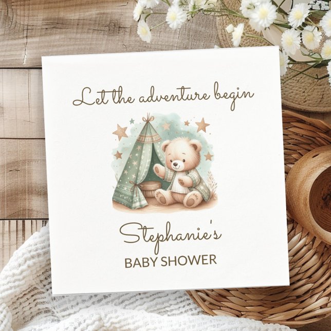 Guardanapo De Papel Aventura chama Chá de fraldas do Urso de Teddy (Teddy bear "Let the adventure begin" baby shower paper napkin)