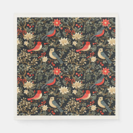 Guardanapo De Papel Aves Festivas Elegantes e Vermelho Natal Floral