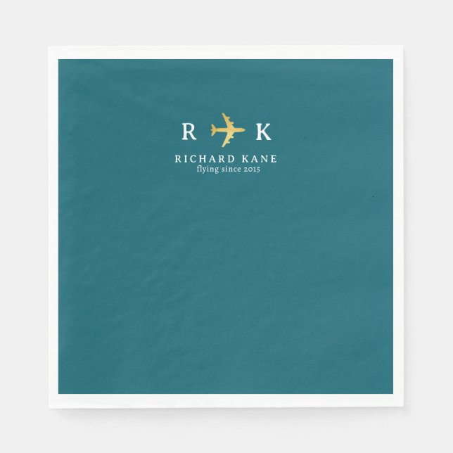 Guardanapo De Papel Avião Com Iniciais Do Piloto - aero azul teal escu (Frente)