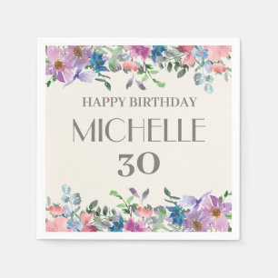 Guardanapo De Papel Azuis Florais em Aquarela Roxo para Aniversário de