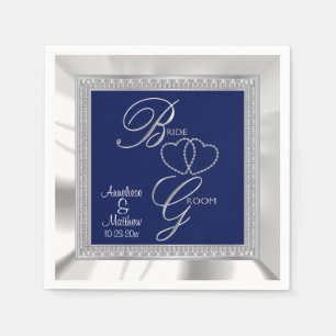 Guardanapo De Papel Azuis marinhos bonitos, prata & casamento branco