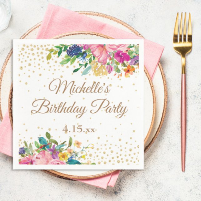 Guardanapo De Papel Azul Amarelo Cor-de-rosa Aniversário Floral (Elegant pink and yellow watercolor floral and gold glitter birthday party paper napkin)
