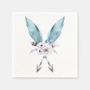 Guardanapo De Papel Azul Boho Boêmio Flechas Pena Floral Festa