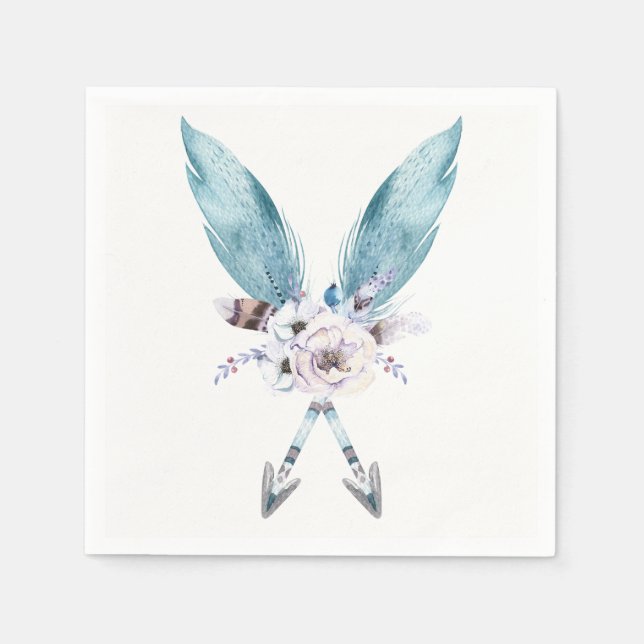 Guardanapo De Papel Azul Boho Boêmio Flechas Pena Floral Festa (Frente)