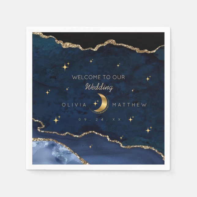 Guardanapo De Papel Azul Celeste Casamento Estrelas da Meia-Noite Lua  (Frente)