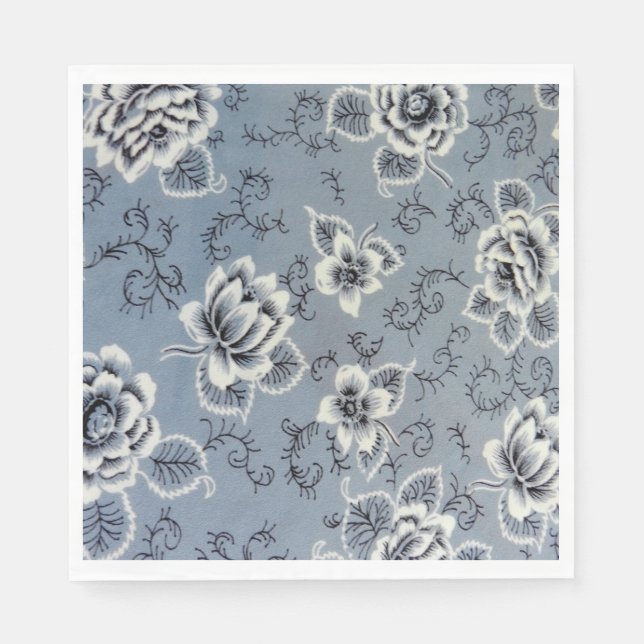 Guardanapo De Papel Azul Colonial e Flor Preta | Papel Nápoles (Frente)